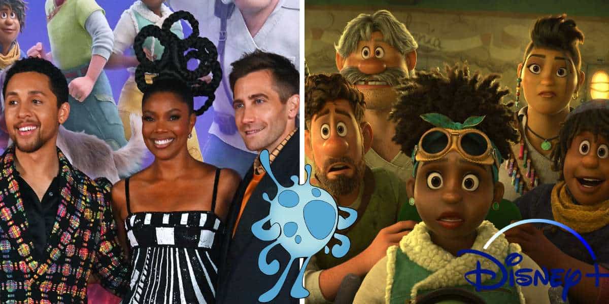 Three guests strike a pose on the red carpet at a movie premiere, standing alongside the animated heroes from Disney’s Strange World with the classic Disney logo displayed nearby—a star-studded moment for fans of Disney films and characters.