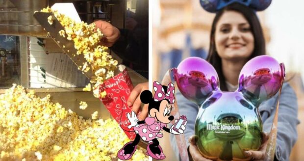 Fresh popcorn is scooped as a guest shows off the gleaming Mickey balloon popcorn bucket, a favorite collectible at Magic Kingdom.