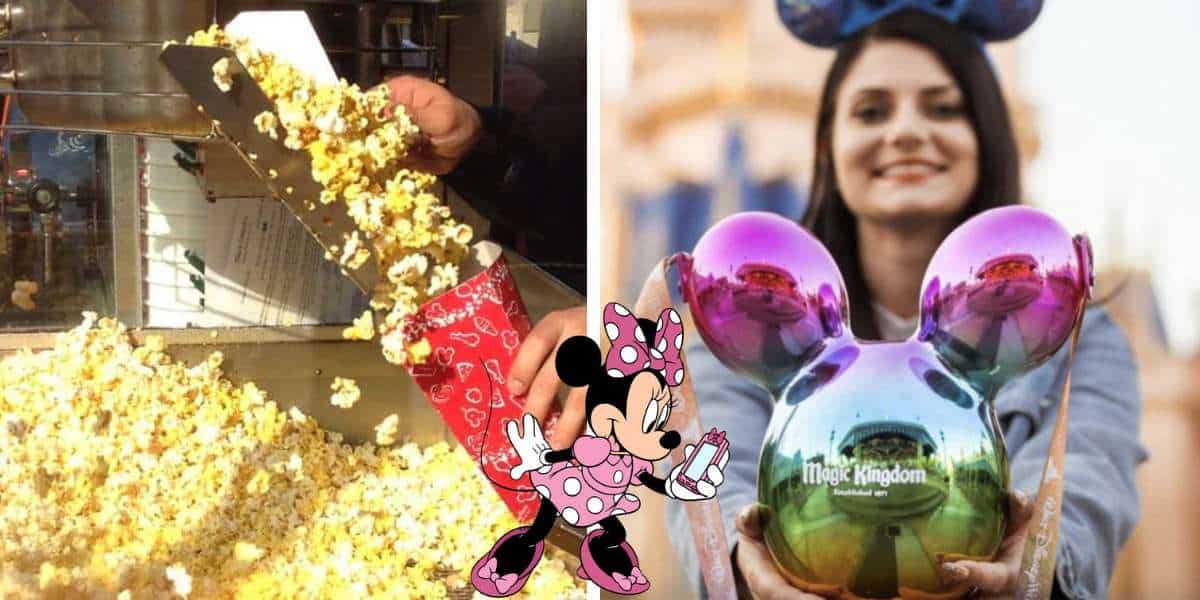 Fresh popcorn is scooped as a guest shows off the gleaming Mickey balloon popcorn bucket, a favorite collectible at Magic Kingdom.