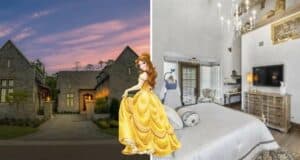 Belle, in her signature yellow ballgown, poses between the iconic stone exterior of Beast’s Castle and a lavishly decorated Fantasyland bedroom scene.