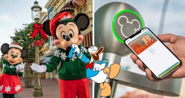 Mickey and Minnie dressed in festive holiday attire, a vibrant Donald Duck graphic, and a guest scanning their phone at the Disney park entrance, all capturing the thrilling anticipation of landing a special Disney holiday bonus reservation.