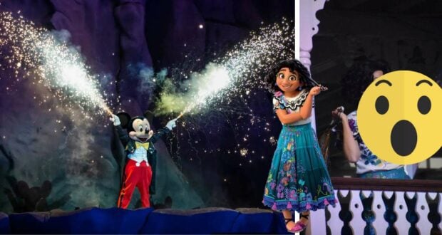 Mickey Mouse ignites the night with dazzling fireworks alongside Mirabel Madrigal from Encanto, while a shocked face emoji reacts to the spectacular Disney Fantasmic! show.
