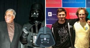 Guests meet Darth Vader at Disneyland on the left, while friends pose in front of a vibrant mural on the right. An AI-styled Darth Vader icon stands out at the center.