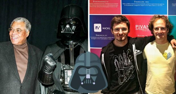 Guests meet Darth Vader at Disneyland on the left, while friends pose in front of a vibrant mural on the right. An AI-styled Darth Vader icon stands out at the center.
