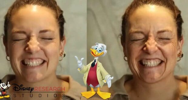 A cheerful Disney guest beams with eyes closed, featured twice to show the magical transformation by Disney Research’s re-aging AI, accompanied by a playful cartoon duck and the Disney Research Studios logo at the bottom.