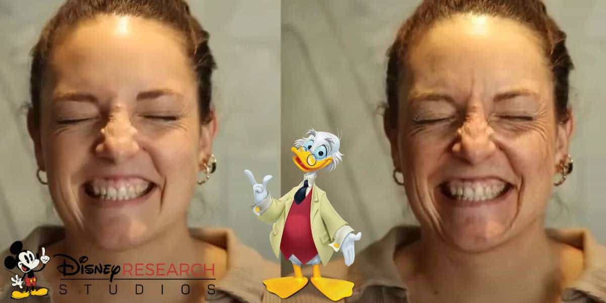 A cheerful Disney guest beams with eyes closed, featured twice to show the magical transformation by Disney Research’s re-aging AI, accompanied by a playful cartoon duck and the Disney Research Studios logo at the bottom.