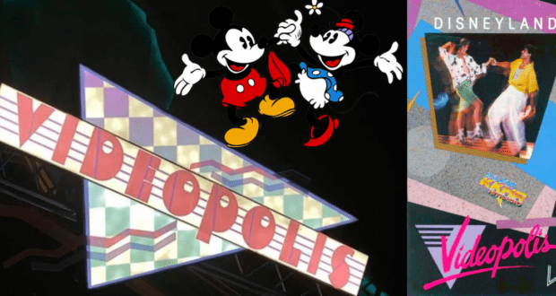 The vibrant Videopolis sign evokes Disney’s retro era alongside a classic Disneyland poster, as beloved Disney icons Mickey and Minnie Mouse twirl together in animated style against a sleek black backdrop—perfect for theme park fans and nostalgia lovers.