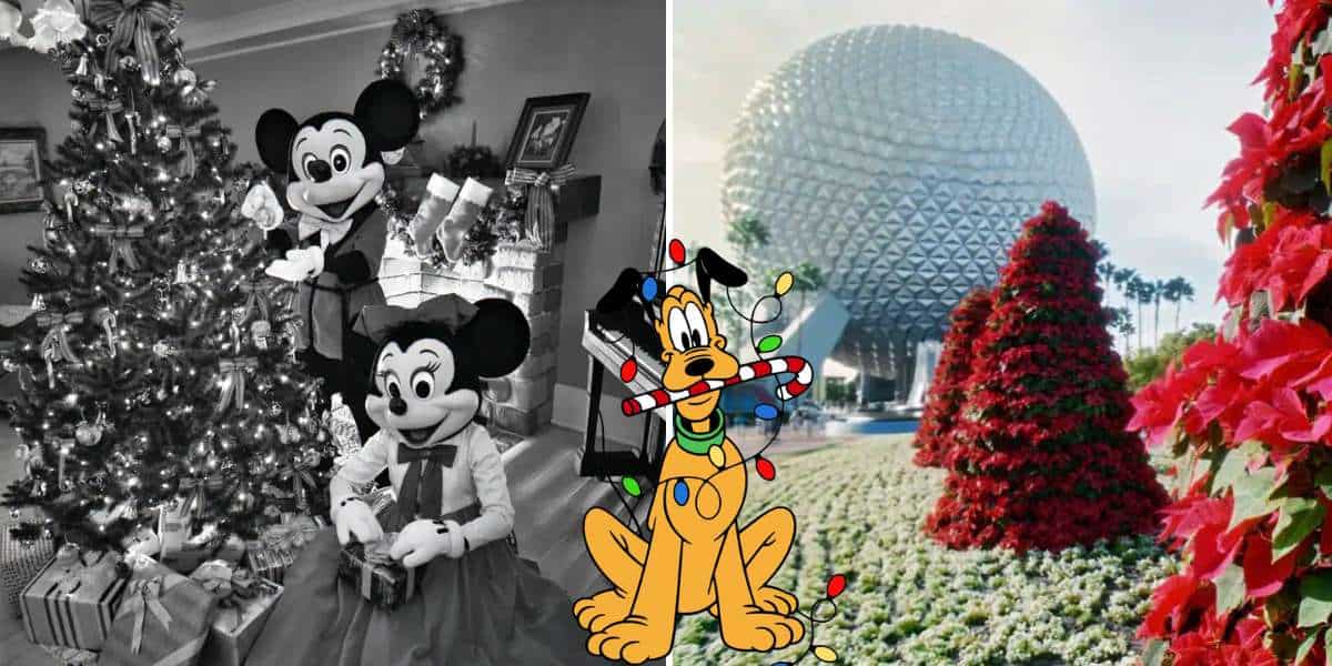 Mickey and Minnie pose by a sparkling Christmas tree, with Epcot’s Spaceship Earth in the background and Pluto nearby in festive cartoon style. The holiday decorations capture Disney World’s classic seasonal magic, evoking the nostalgia of vintage park celebrations.