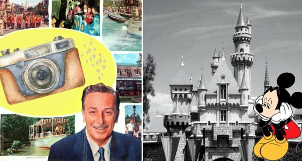Collage showcasing iconic Disneyland moments: magical park scenes, the historic last photo of Walt Disney, a vintage camera capturing memories, and Mickey Mouse welcoming guests beside Sleeping Beauty Castle.