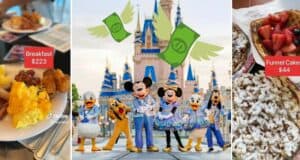 Mickey Mouse, Goofy, and Pluto greet guests at Walt Disney World as plates of themed breakfast dishes are served alongside eye-catching price tags—$223 for breakfast and $44 for funnel cakes—highlighting the resort’s signature high-cost dining experience.