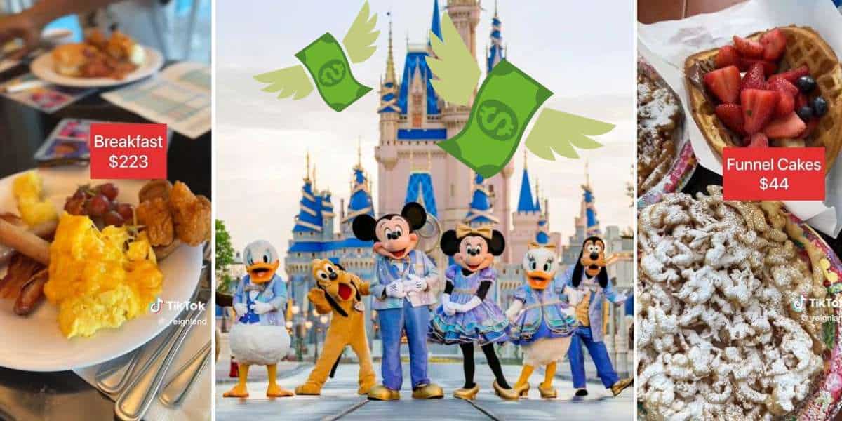 Mickey Mouse, Goofy, and Pluto greet guests at Walt Disney World as plates of themed breakfast dishes are served alongside eye-catching price tags—$223 for breakfast and $44 for funnel cakes—highlighting the resort’s signature high-cost dining experience.