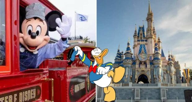 Mickey Mouse waves from a train as Donald Duck greets guests up front, with Cinderella Castle rising in the background—capturing the enchanting atmosphere of Walt Disney World Railroad.