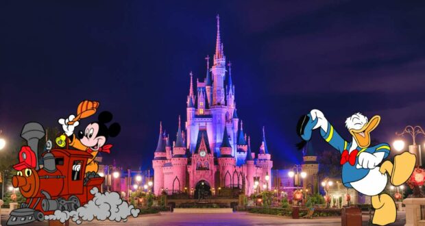 Mickey Mouse greets guests aboard the Walt Disney World Railroad, while Donald Duck poses in front of a brilliantly illuminated Cinderella Castle at night, all set aglow by the futuristic lights of TRON nearby.