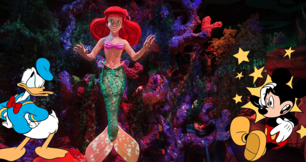 Under the sea, Ariel the mermaid is joined by Disney favorites Donald Duck and Mickey Mouse on either side, bringing to life the enchantment of the Voyage of the Little Mermaid attraction.
