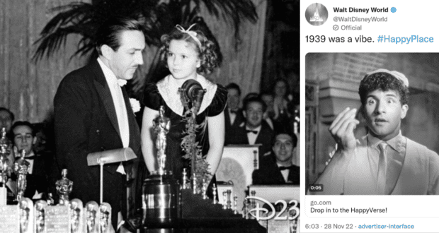 Walt Disney and Shirley Temple at an awards ceremony, spotlighting Disney history; on the right, a vintage black-and-white tweet references Walt Disney World and its 1939 origins.