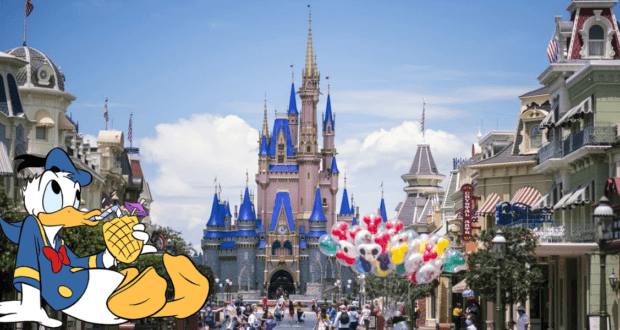 Donald Duck lounges with a refreshing drink before Cinderella Castle at Magic Kingdom, surrounded by vibrant balloons and the lively energy of the park.