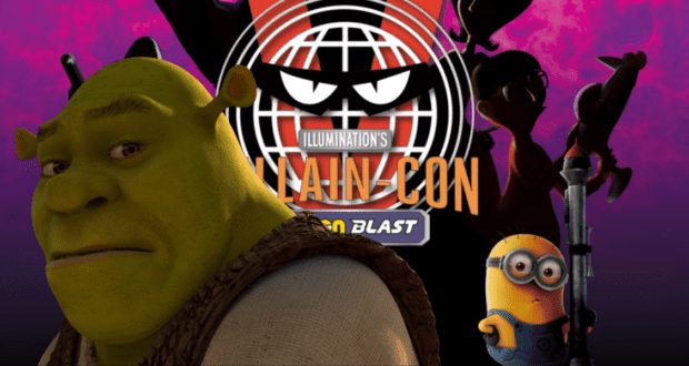 Shrek, a Minion, and beloved animated characters gather in front of the iconic Villain-Con sign with its striking red-eyed logo, capturing the playful, mischievous vibe of Universal’s Shrek 4-D Villain Con Minion Blast attraction.