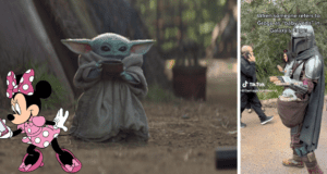 Grogu enjoying a snack, Minnie Mouse celebrating with a cupcake, and the Mandalorian sharing an adventure with a young companion—all in Star Wars costumes—experience an unforgettable day at Mandalorian Disneyland.