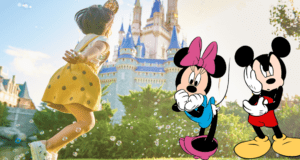 A child in a cheerful yellow dress dashes toward Cinderella Castle, with playful figures of Minnie and Mickey Mouse welcoming guests in the foreground. The scene captures the enchanting spirit and lively storytelling of Disney World, where even stories about legendary park mishaps become part of its magical lore.