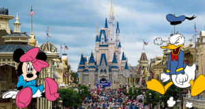 Guests fill the vibrant walkways of Disney World, with Cinderella Castle rising majestically in the background. In the foreground, Minnie Mouse and Donald Duck joyfully greet fans, showcasing classic magical moments and great guest behavior at the park.