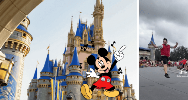 Mickey Mouse greets guests in front of the iconic Cinderella Castle at Magic Kingdom, while a performer leaps energetically during a vibrant Disney park parade.