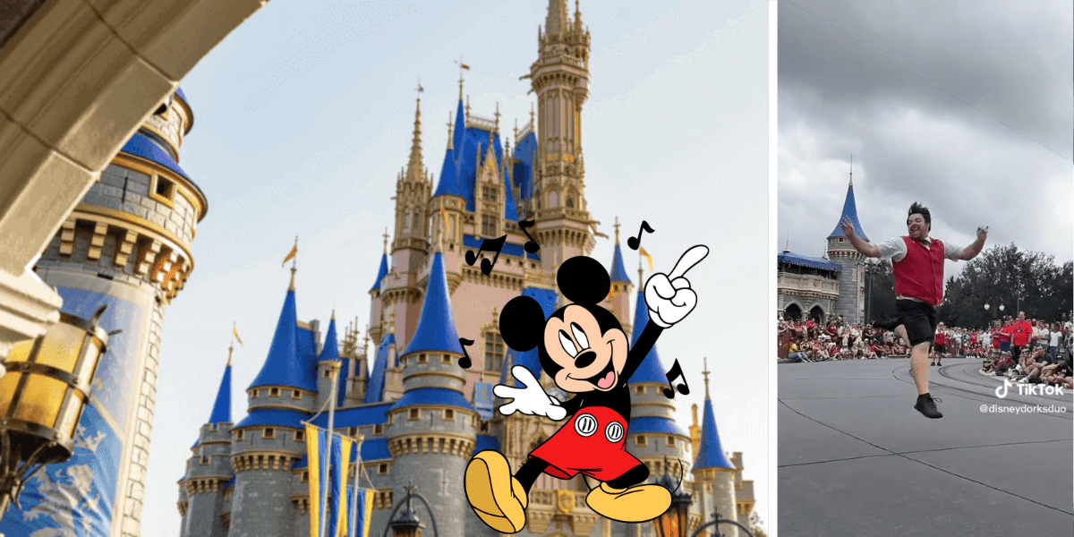 Mickey Mouse greets guests in front of the iconic Cinderella Castle at Magic Kingdom, while a performer leaps energetically during a vibrant Disney park parade.