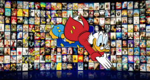 Scrooge McDuck in his signature red coat dives gleefully into a shower of golden coins, set against a vibrant backdrop of Disney movie posters—channeling the thrill and playful spirit familiar to Disney Parks fans, with a nod to the latest Disney+ ticket price jump.