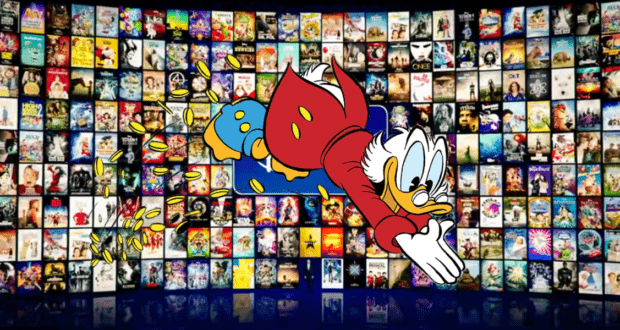 Scrooge McDuck in his signature red coat dives gleefully into a shower of golden coins, set against a vibrant backdrop of Disney movie posters—channeling the thrill and playful spirit familiar to Disney Parks fans, with a nod to the latest Disney+ ticket price jump.