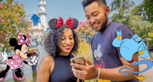 Happy couple at Disney theme park, sharing a laugh with Minnie Mouse and Genie while checking their phone for the latest Genie+ update.