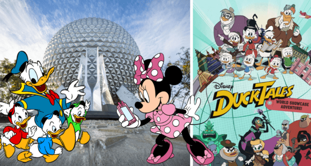 Donald Duck, Minnie Mouse, and Huey, Dewey, and Louie smile for photos at EPCOT in front of the colorful DuckTales World Showcase Adventure poster.