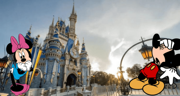 Minnie and Mickey Mouse pose in front of the iconic Disney castle, bathed in golden sunlight—a magical moment that every Disney World fan dreams of experiencing before any park closures change your plans.