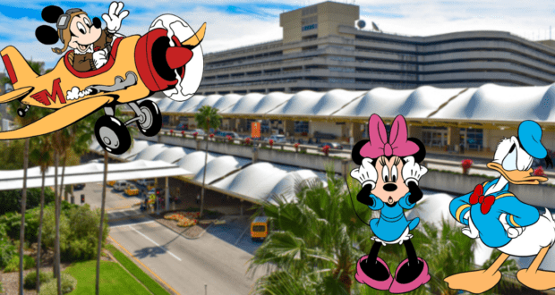 Mickey Mouse pilots a plane above Orlando International Airport, as Minnie Mouse and Donald Duck watch him from the sidewalk below, capturing the magic and excitement of Disney for theme park fans.