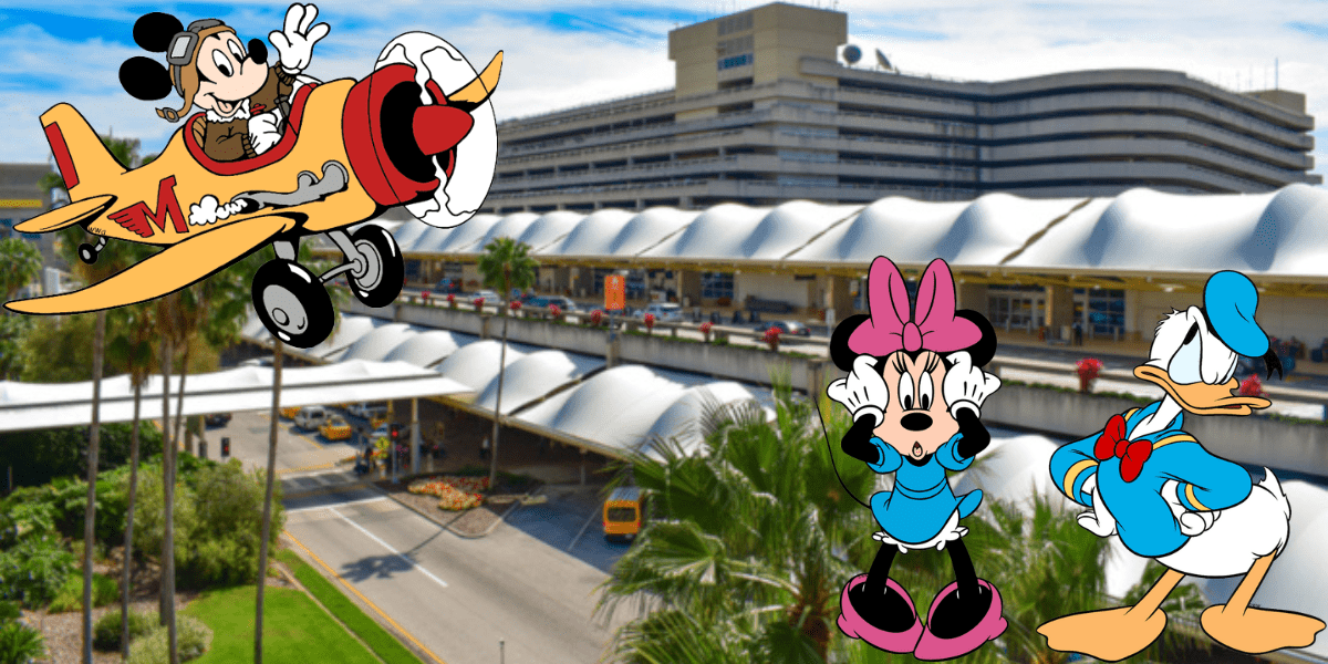 Mickey Mouse pilots a plane above Orlando International Airport, as Minnie Mouse and Donald Duck watch him from the sidewalk below, capturing the magic and excitement of Disney for theme park fans.