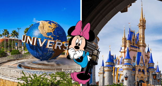 The iconic Universal Studios Florida globe and the enchanting Disney castle stand on either side of Minnie Mouse, all beneath a brilliant blue sky—perfect for theme park fans dreaming of both magical worlds.