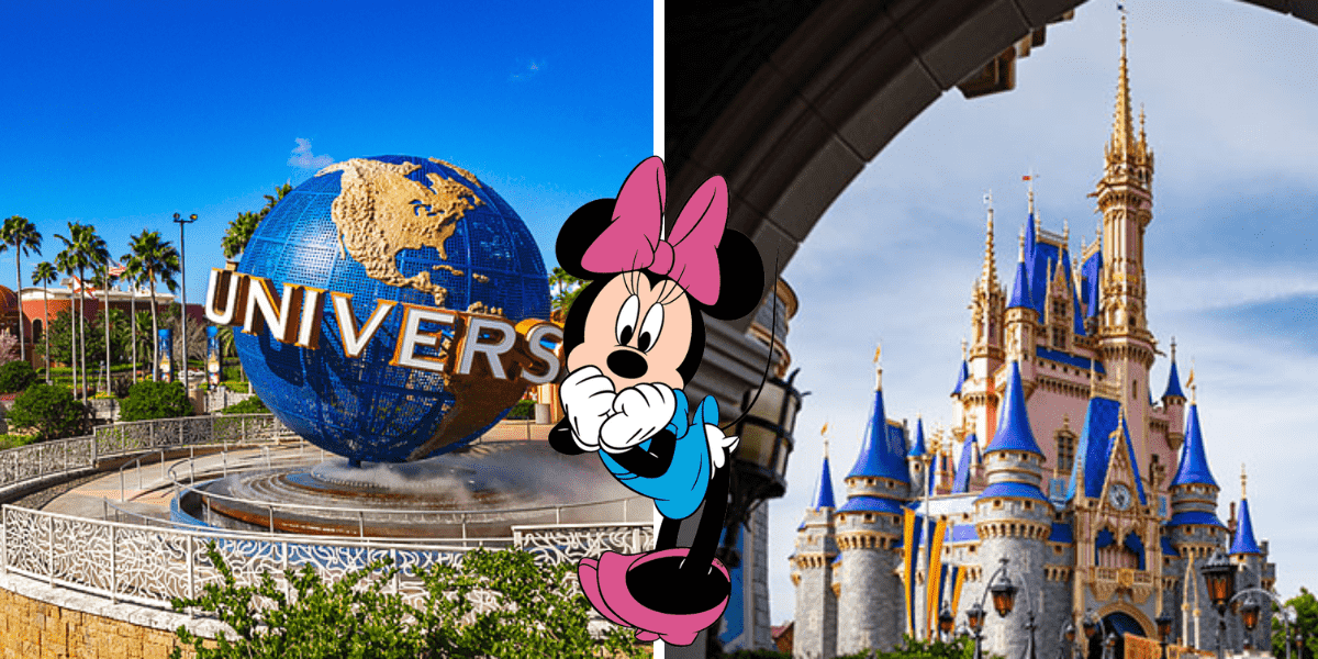 The iconic Universal Studios Florida globe and the enchanting Disney castle stand on either side of Minnie Mouse, all beneath a brilliant blue sky—perfect for theme park fans dreaming of both magical worlds.