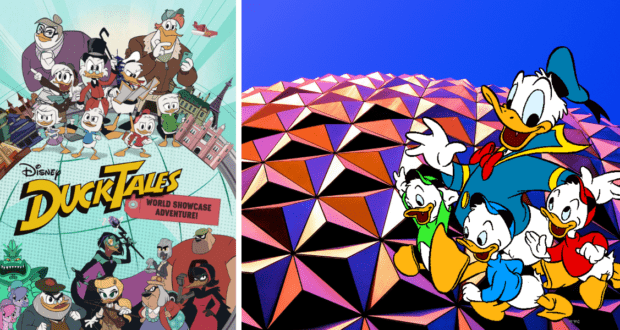 Donald Duck, Huey, Dewey, Louie, and other favorite DuckTales characters strike a playful pose in front of EPCOT’s iconic geodesic dome, gearing up for their next DuckTales World Showcase Adventure.