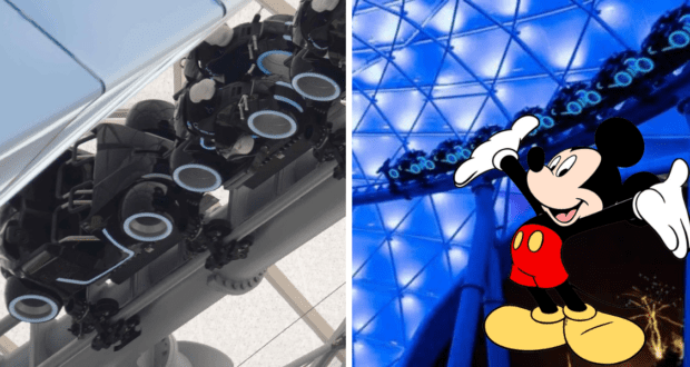 Split image: on the left, guests race along the electrifying TRON Lightcycle Run rollercoaster at Magic Kingdom, experiencing pulse-pounding speed and futuristic neon lights; on the right, Mickey Mouse greets visitors beside an illuminated attraction at Disney World after dark.