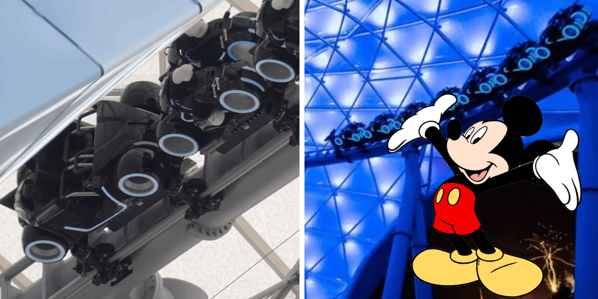 Split image: on the left, guests race along the electrifying TRON Lightcycle Run rollercoaster at Magic Kingdom, experiencing pulse-pounding speed and futuristic neon lights; on the right, Mickey Mouse greets visitors beside an illuminated attraction at Disney World after dark.
