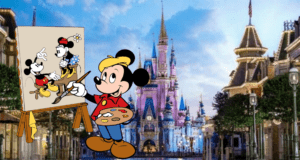 Mickey Mouse creating a painting of Minnie Mouse on canvas, with the iconic Disney castle in the background, capturing the nostalgic charm of classic Disney animation.