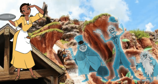 Tiana welcomes guests near the iconic Splash Mountain in Magic Kingdom, accompanied by the whimsical Hitchhiking Ghosts from Haunted Mansion, all celebrating the lively charm of New Orleans Square.