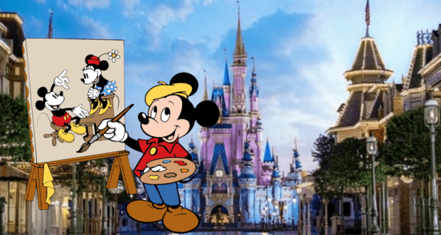 Mickey Mouse creating a painting of Minnie Mouse on canvas, with the iconic Disney castle in the background, capturing the nostalgic charm of classic Disney animation.