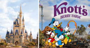 The iconic Disney castle set against a vibrant blue sky is featured on the left, while on the right, the Knott’s Berry Farm logo appears with energetic Donald Duck characters. The image captures each park’s signature excitement and underscores Knott’s Berry Farm’s chaperone policy to ensure guests have a safe and memorable experience.