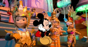 Mickey Mouse appears unusually sad as he sits among cheerful, colorfully costumed dolls in the lively "it's a small world" attraction at Disney World.
