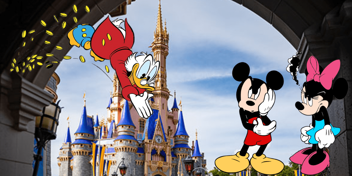 Scrooge McDuck tosses coins next to Mickey and Minnie Mouse in front of the iconic Disney castle at Walt Disney World, playfully referencing the latest ticket price increase.