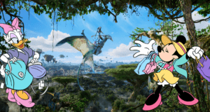 Daisy Duck and Minnie Mouse explore a magical Pandora-inspired landscape with floating mountains, shopping for merchandise while showcasing their exclusive Avatar: The Way of Water Loungefly accessories at Disney Parks.