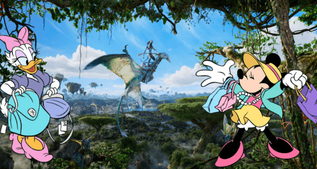 Daisy Duck and Minnie Mouse explore a magical Pandora-inspired landscape with floating mountains, shopping for merchandise while showcasing their exclusive Avatar: The Way of Water Loungefly accessories at Disney Parks.