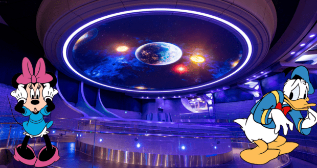 Minnie and Donald explore a high-tech attraction space, where a vibrant ceiling display of planets and stars recreates the exhilarating, swirling thrill of Guardians of the Galaxy: Cosmic Rewind.