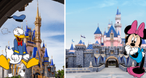 Donald Duck greets guests near a dazzling golden castle, while Minnie Mouse delights visitors by her charming pink castle, both bringing classic Disney magic to life in a theme park setting.