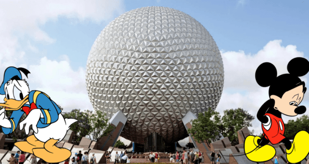 Mickey Mouse and Donald Duck stand looking disappointed in front of Epcot's iconic Spaceship Earth on a bright, sunny day—maybe feeling left out after not catching The American Adventure show at Epcot.