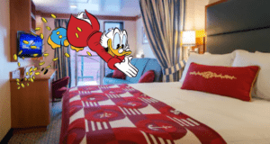 Scrooge McDuck leaps onto a plush hotel bed, gleefully tossing coins into the air, with a TV and window framing the background, as he daydreams about his next adventure aboard Disney Cruise Line.